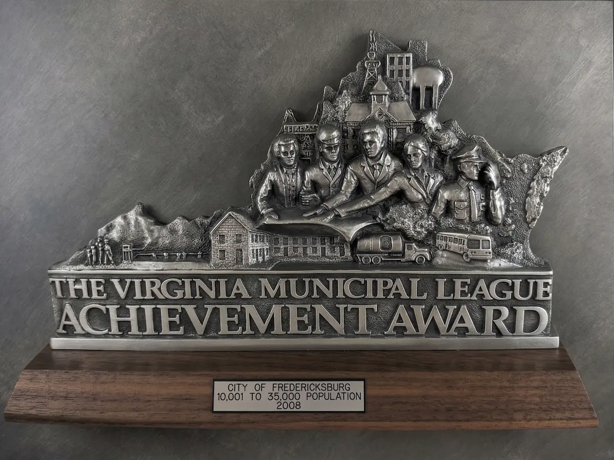 Virginia Municipal League Achievement Award plaque presented to the City of Fredericksburg in 2008