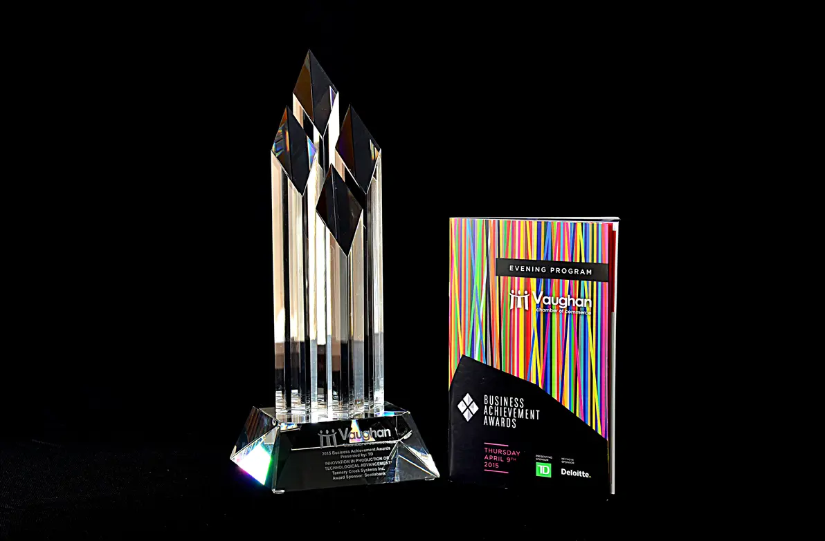 Vaughan Chamber of Commerce Business Achievement Award trophy presented to Tannery Creek Systems in 2015