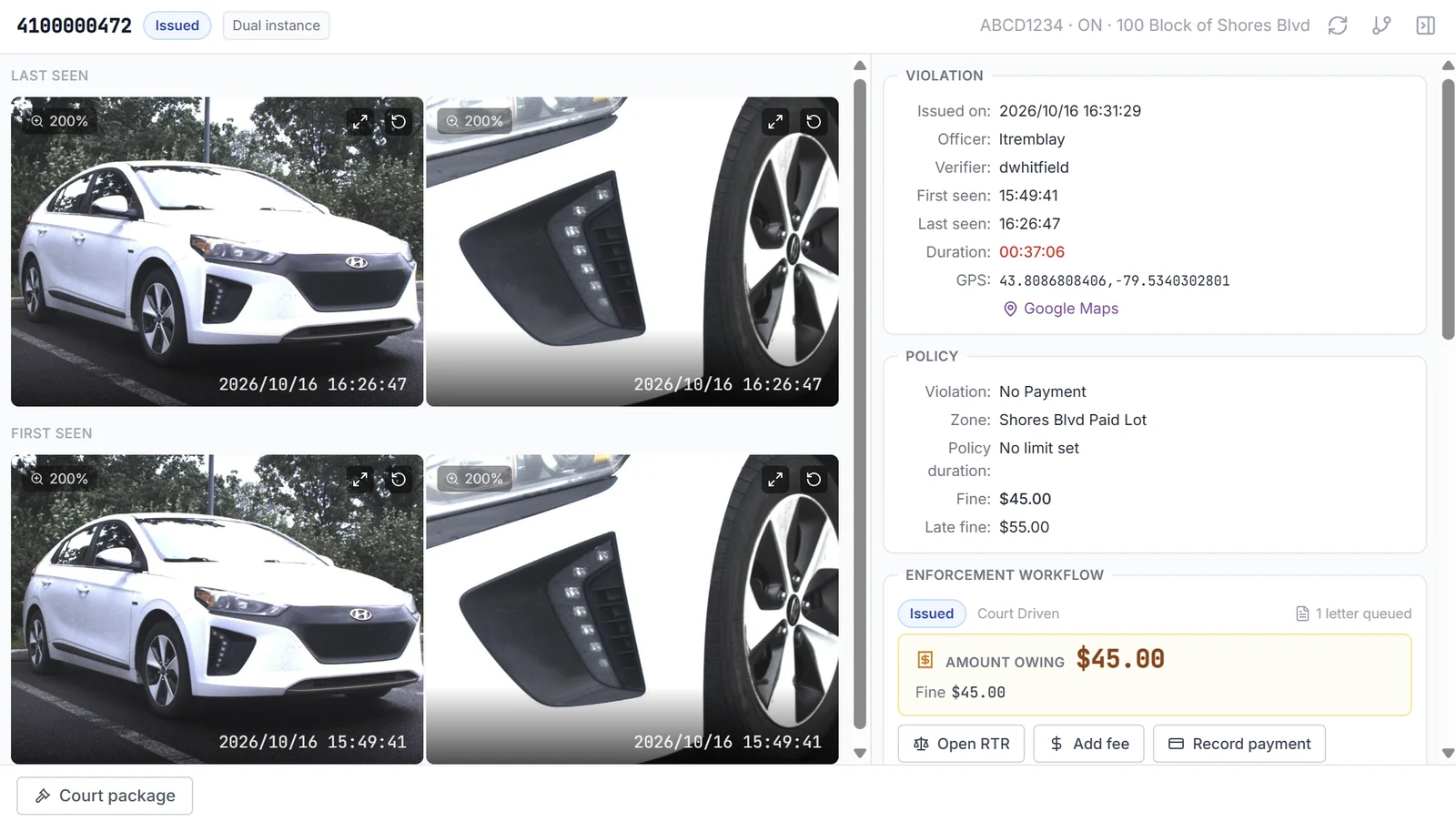 A single citation in autoChalk Central: first-seen and last-seen photos of the vehicle and wheel with timestamps, the violation details with officer and verifier, the policy and fine, and the enforcement workflow with the amount owing, a queued letter and a court package