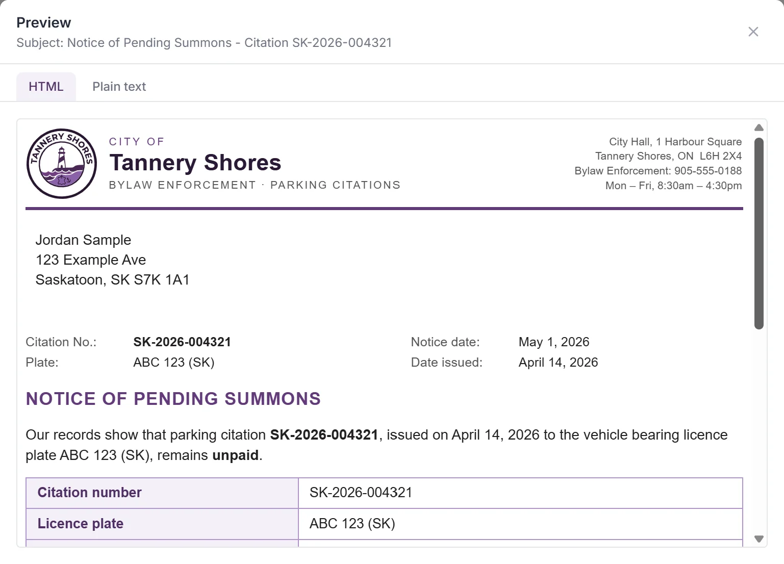 Letter template preview in autoChalk Central: a Notice of Pending Summons on the letterhead of the fictional City of Tannery Shores, filled with sample data