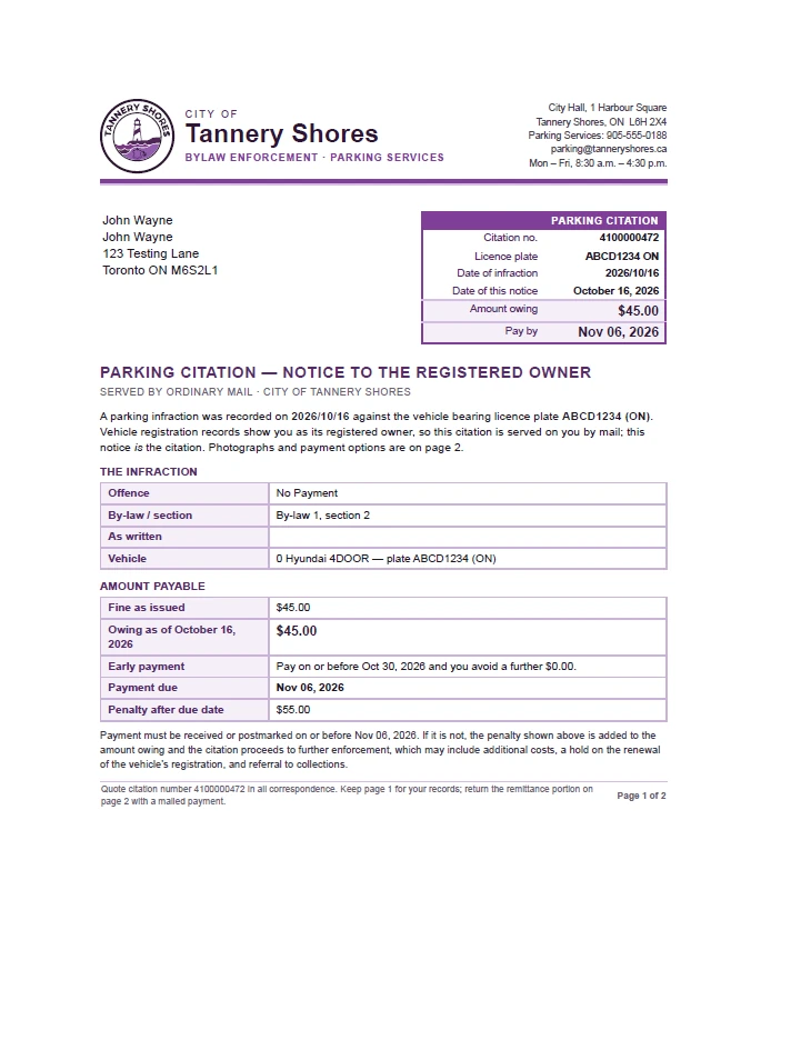 Page 1 of a mailed parking citation printed by autoChalk Central: notice to the registered owner, citation and plate details, and the amount payable