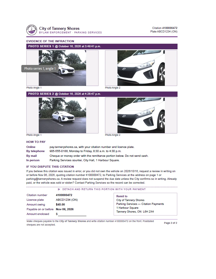 Page 2 of the same citation: payment terms, four evidence photographs of the vehicle and wheel from the first and final observations, and how to pay or dispute