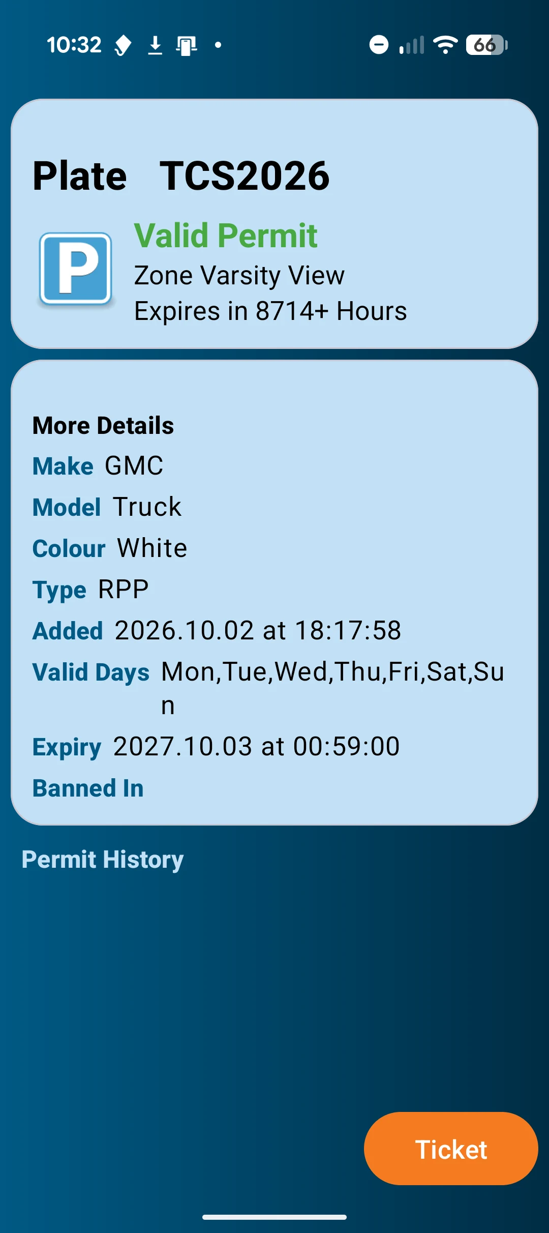 autoChalk Handheld on an Android phone showing a valid residential permit for a scanned plate, with the permit's zone and expiry