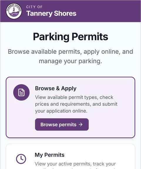 autoChalk Permits resident portal home screen on a phone, branded for a municipality, with options to browse and apply for permits