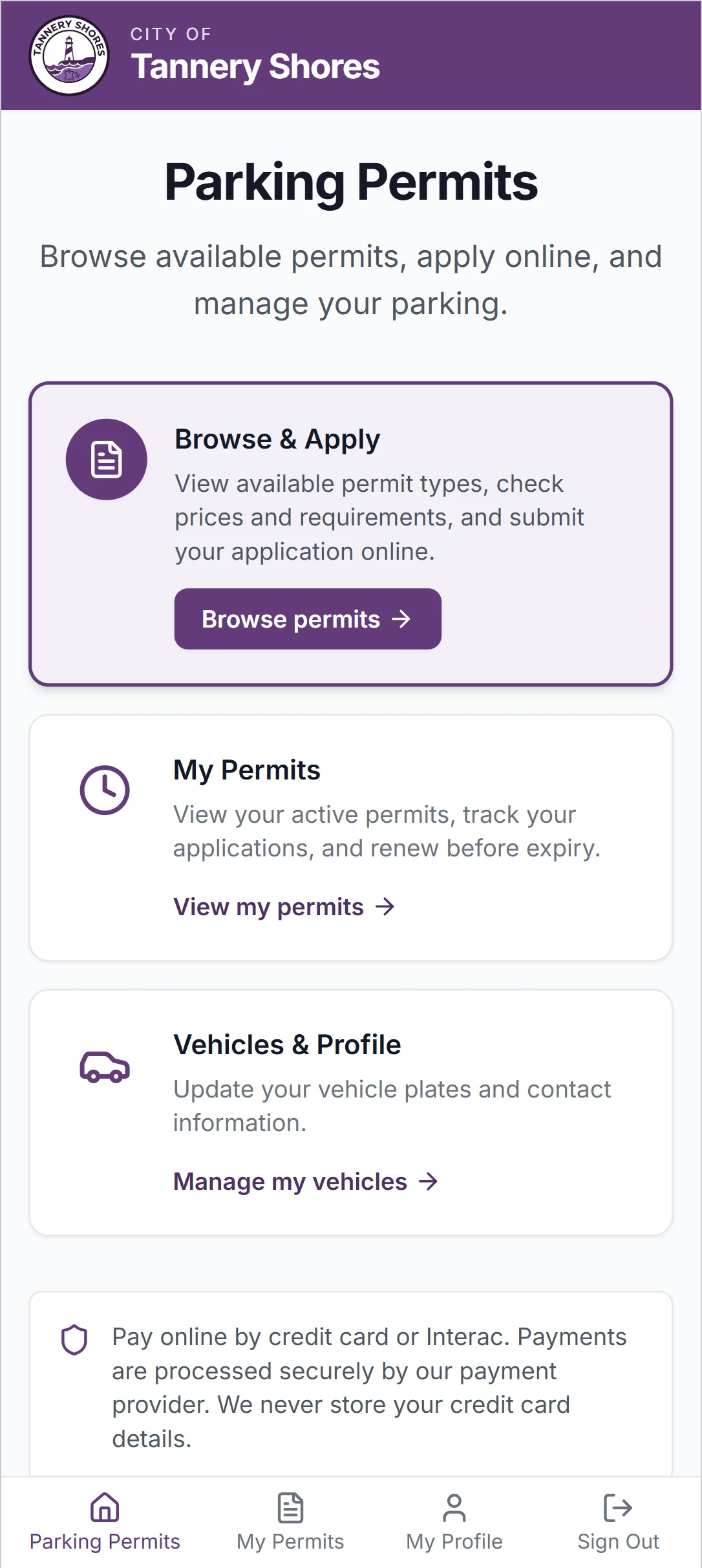 The autoChalk Permits resident portal home screen on a phone, with options to browse and apply for permits, view existing permits, and manage vehicles