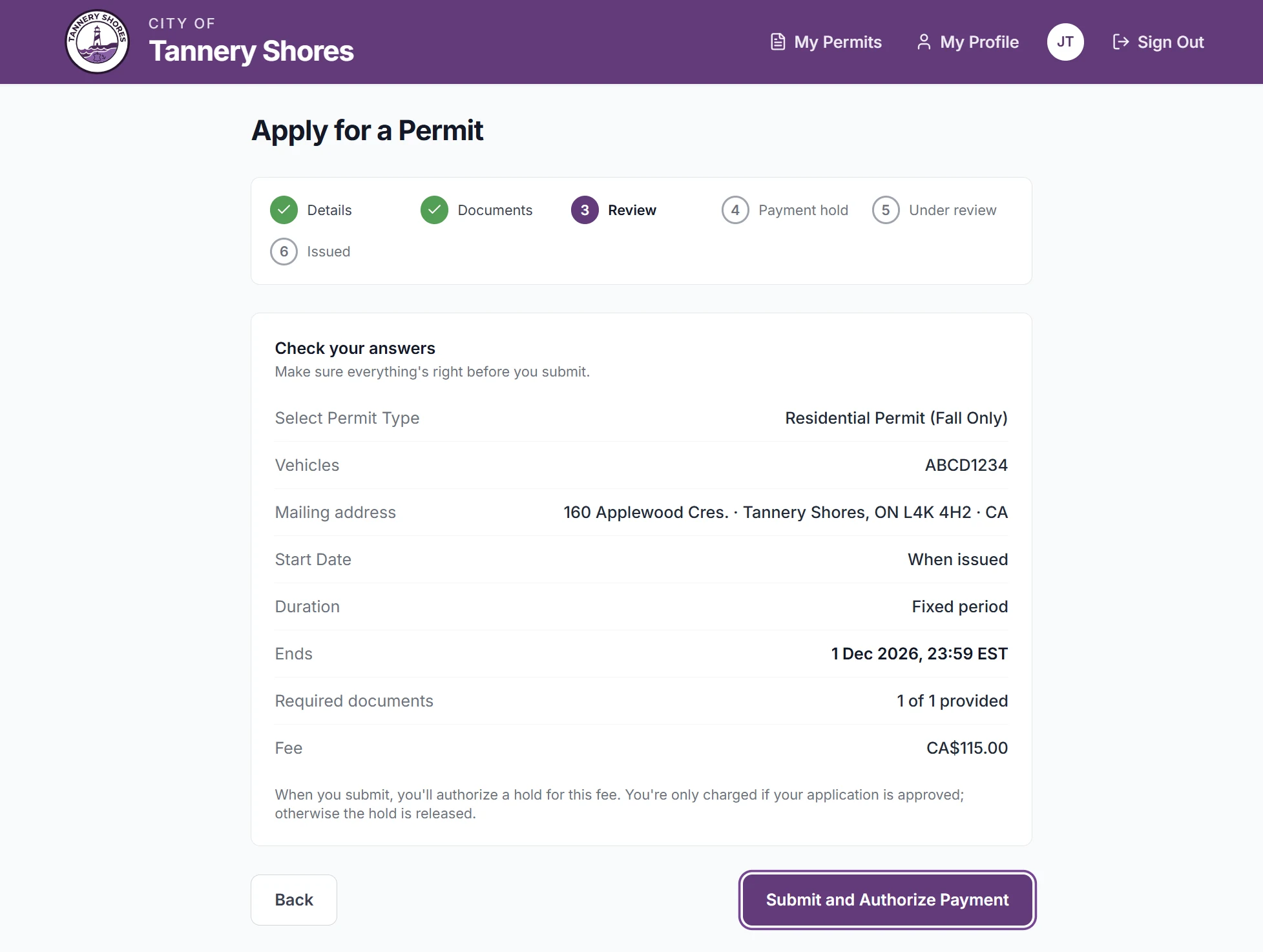 The "Check your answers" step of a permit application, with a progress tracker above a summary of the permit type, vehicle plate, end date and fee before submission