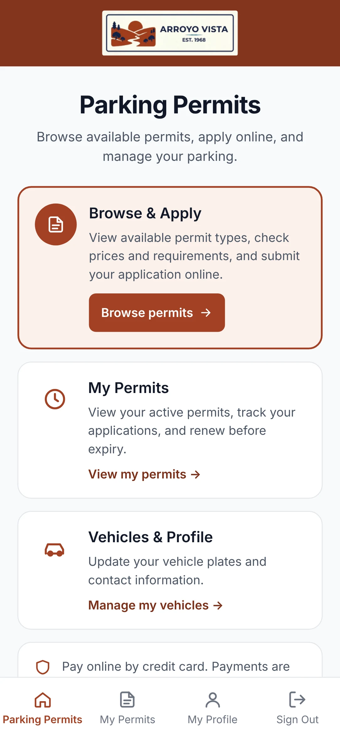The permit portal home screen branded for Arroyo Vista, with a terracotta header and horizontal wordmark