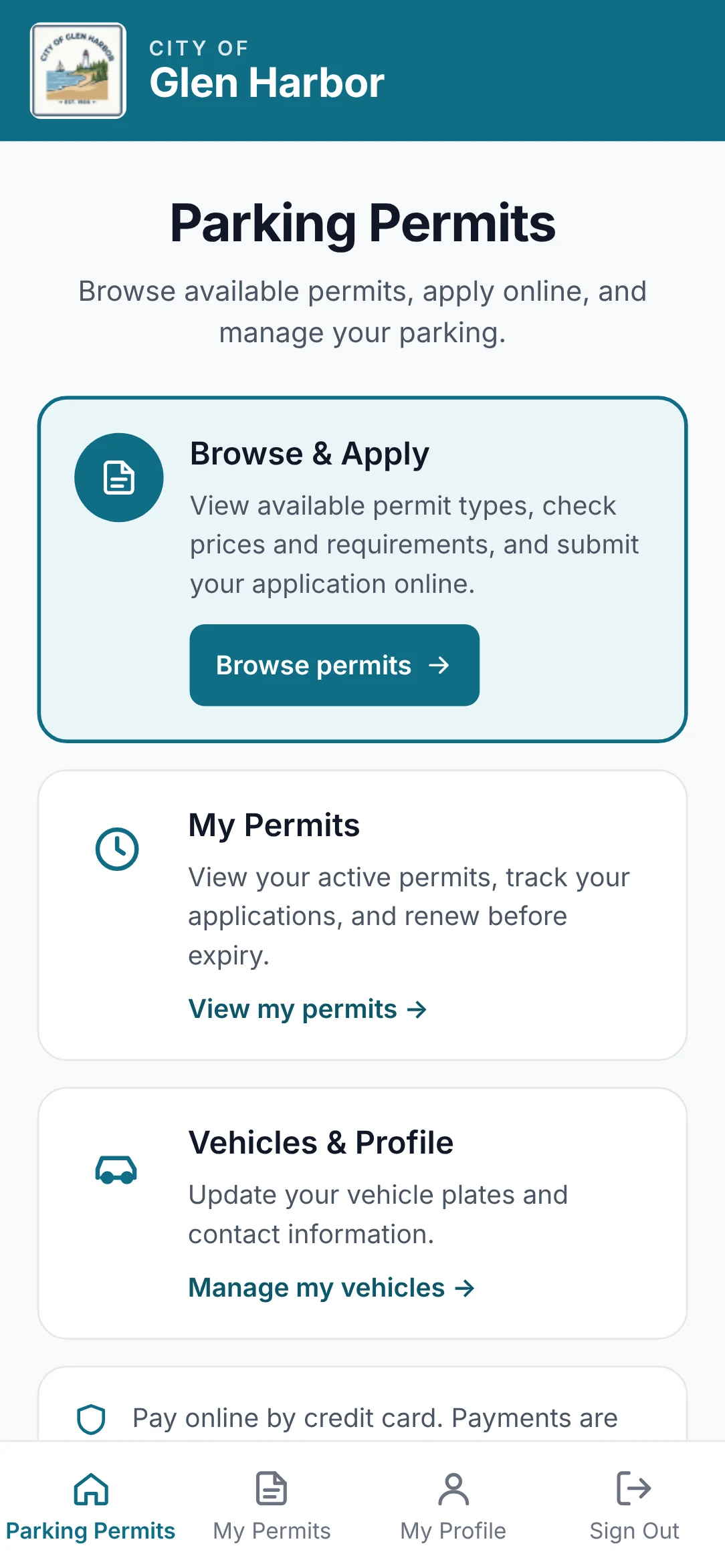 The permit portal home screen branded for the City of Glen Harbor, with a teal header and square seal