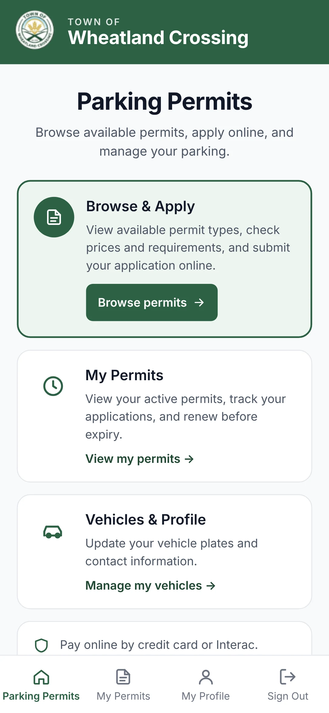 The permit portal home screen branded for Wheatland Crossing, with a green header and round seal