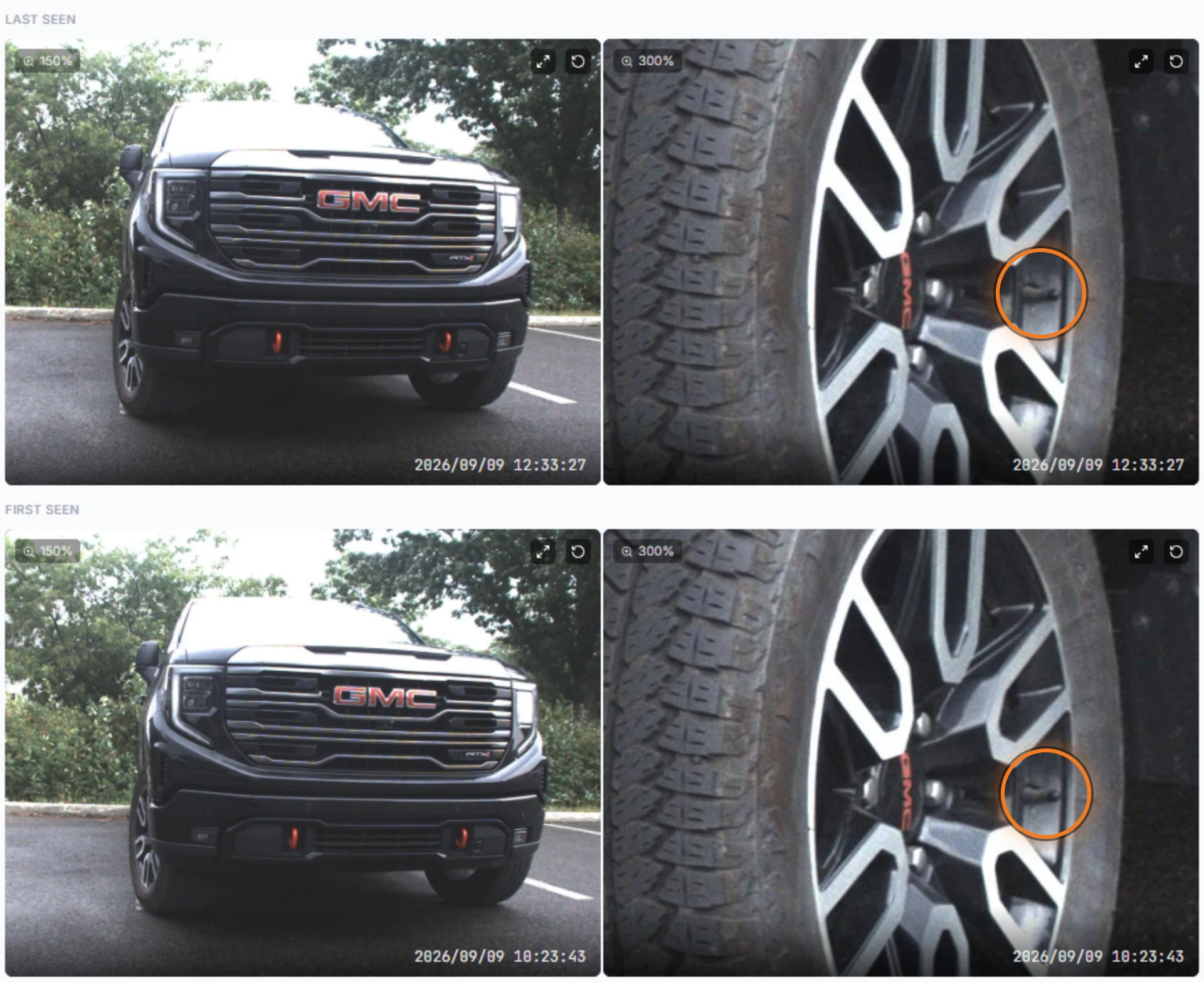 The same parked vehicle photographed two hours apart, the valve stem in an identical position both times, showing it has not moved