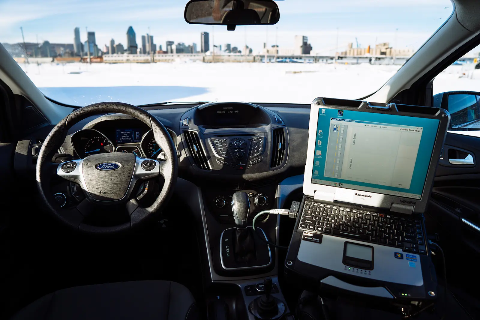 Inside view of parking enforcement vehicle with autoChalk system