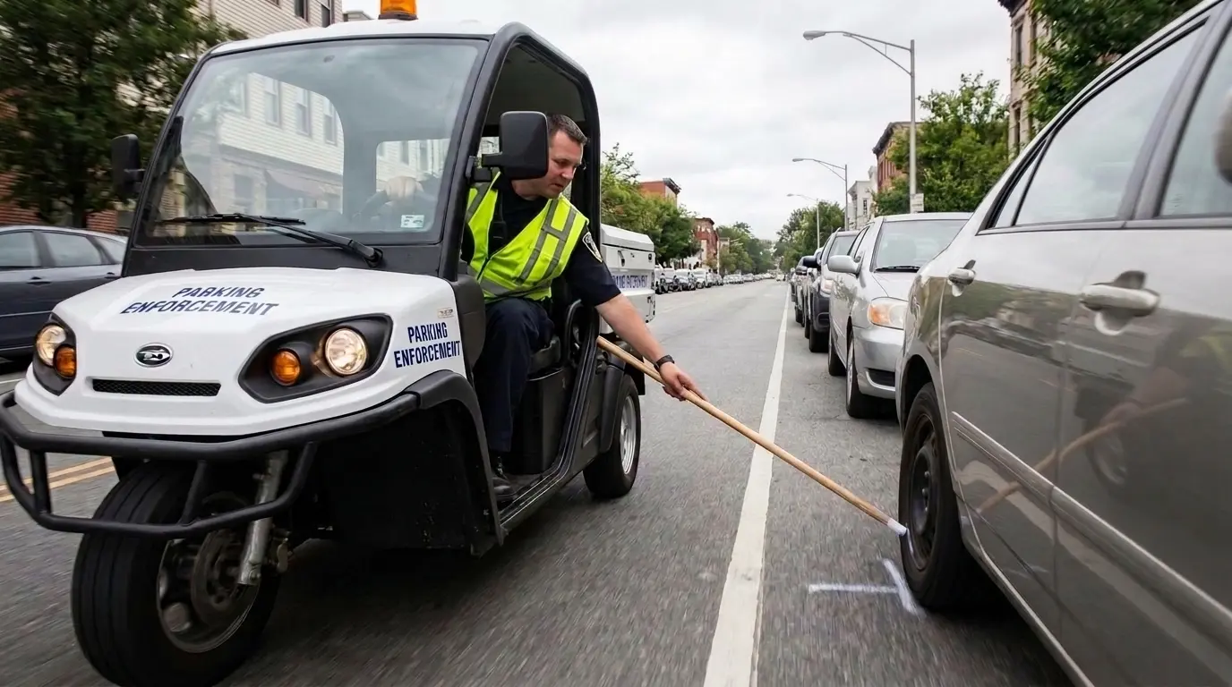 Parking enforcement officer crouched at a wheel marking a tire by hand with chalk